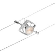 Silver metal LED cable spotlight with adjustable lamp head for flexible modern lighting setups