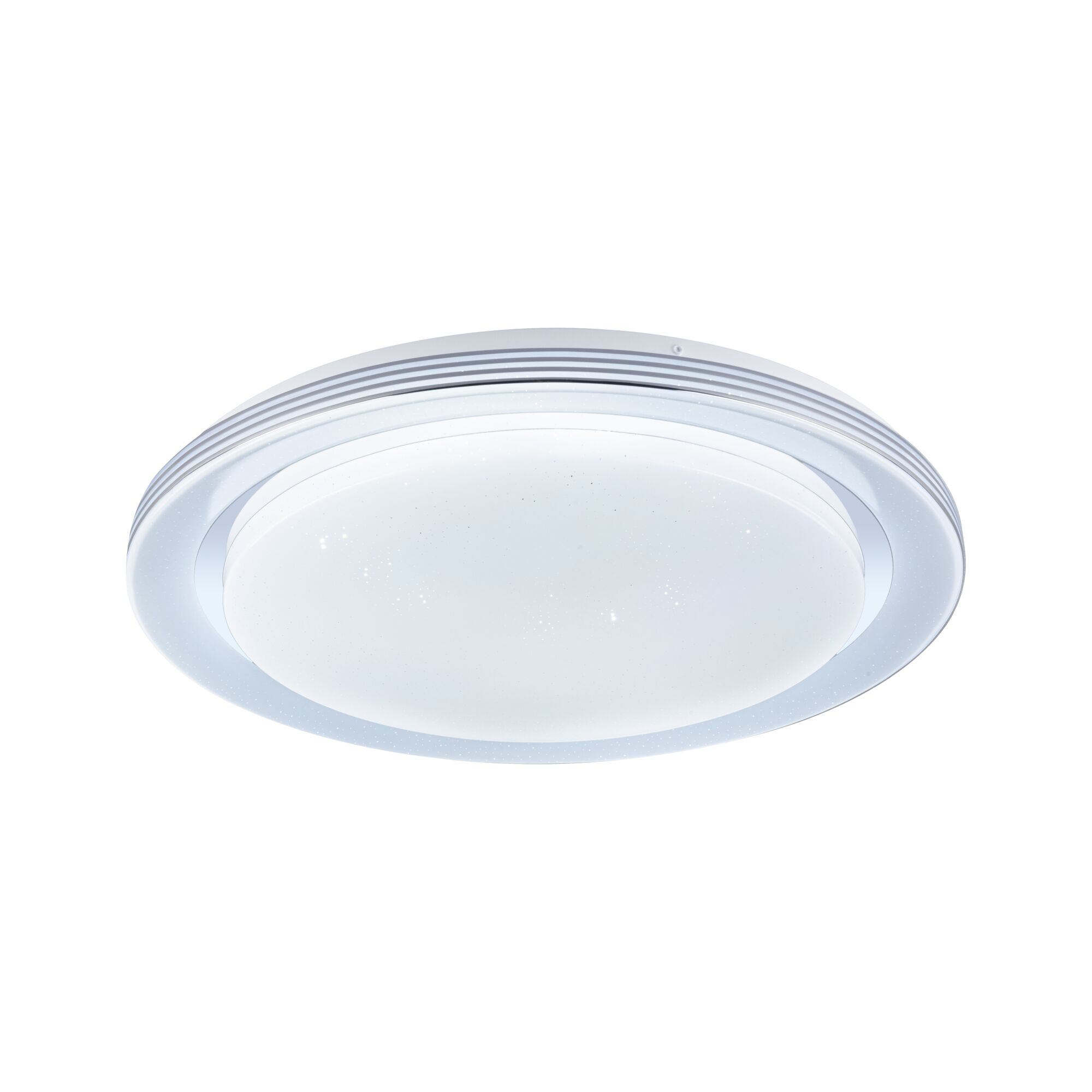 Round white LED ceiling light with star effect and modern design for living spaces.