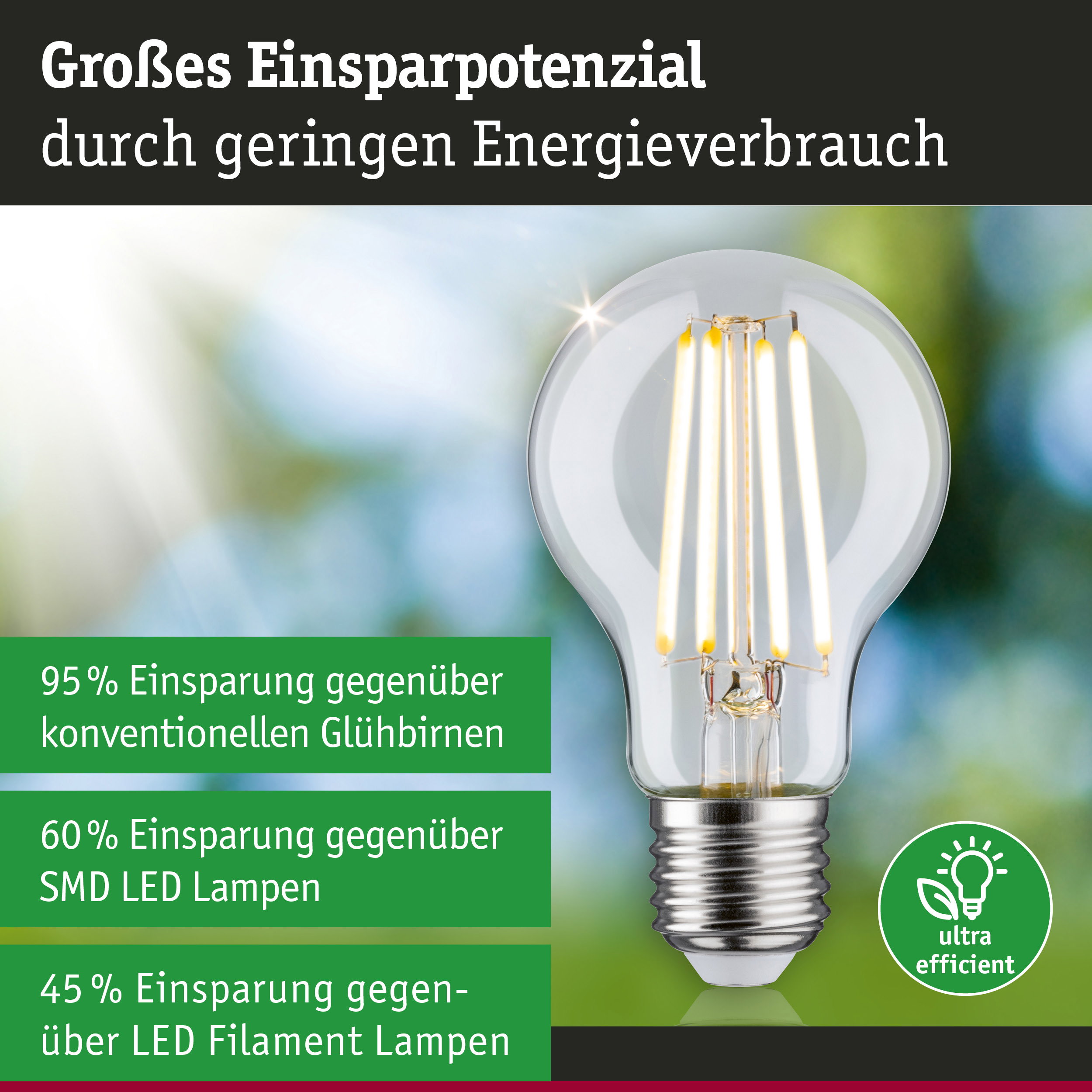 Energiesparende LED-Glühbirne mit klarem Glas und silbernem Sockel für nachhaltige Beleuchtung