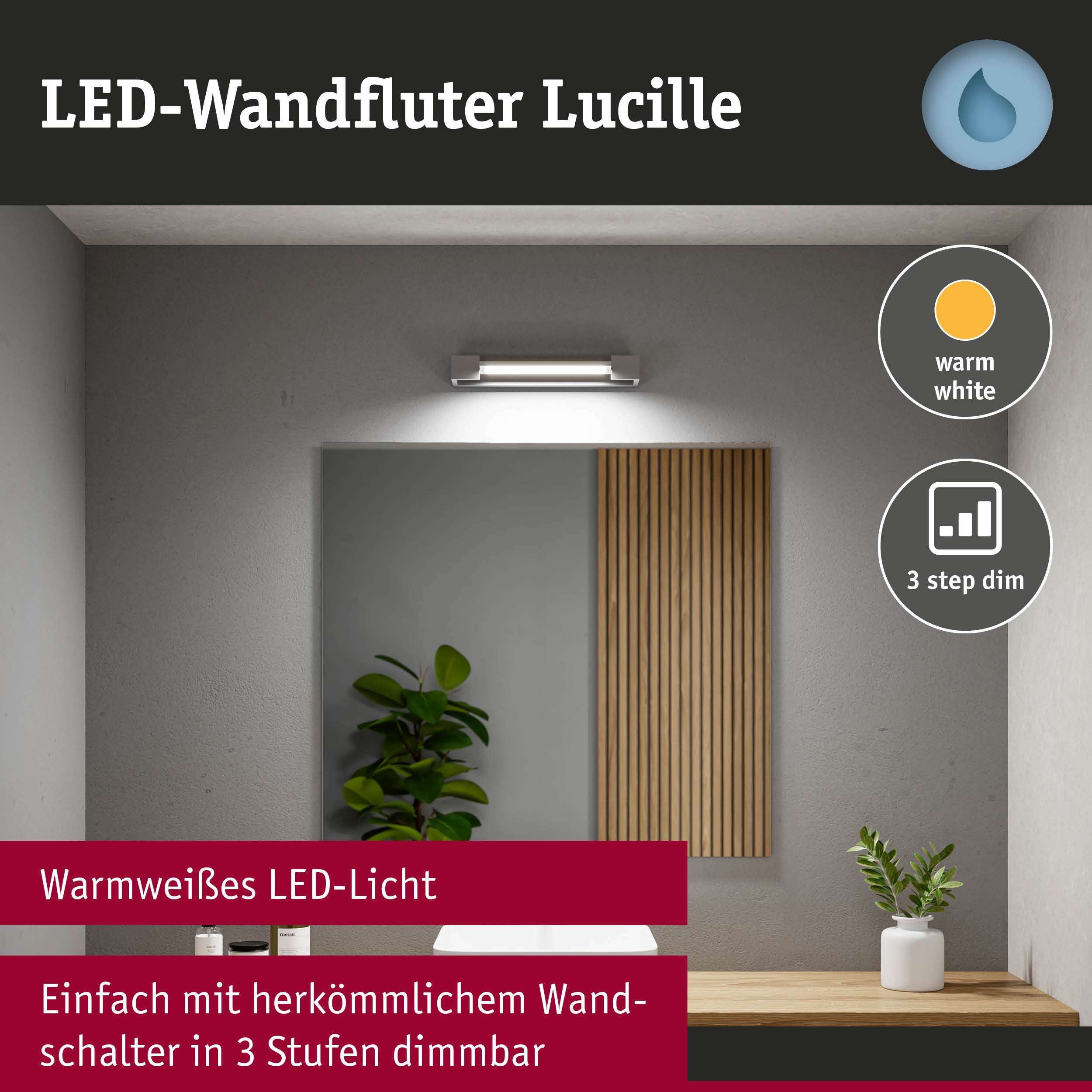 LED-Wandfluter Lucille in warmweiß mit dimmbarer Funktion, modernes Badlicht mit schlichtem Design