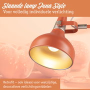 Retro staande lamp Luna Style in mat oranje met gouden binnenkant voor veelzijdige verlichting