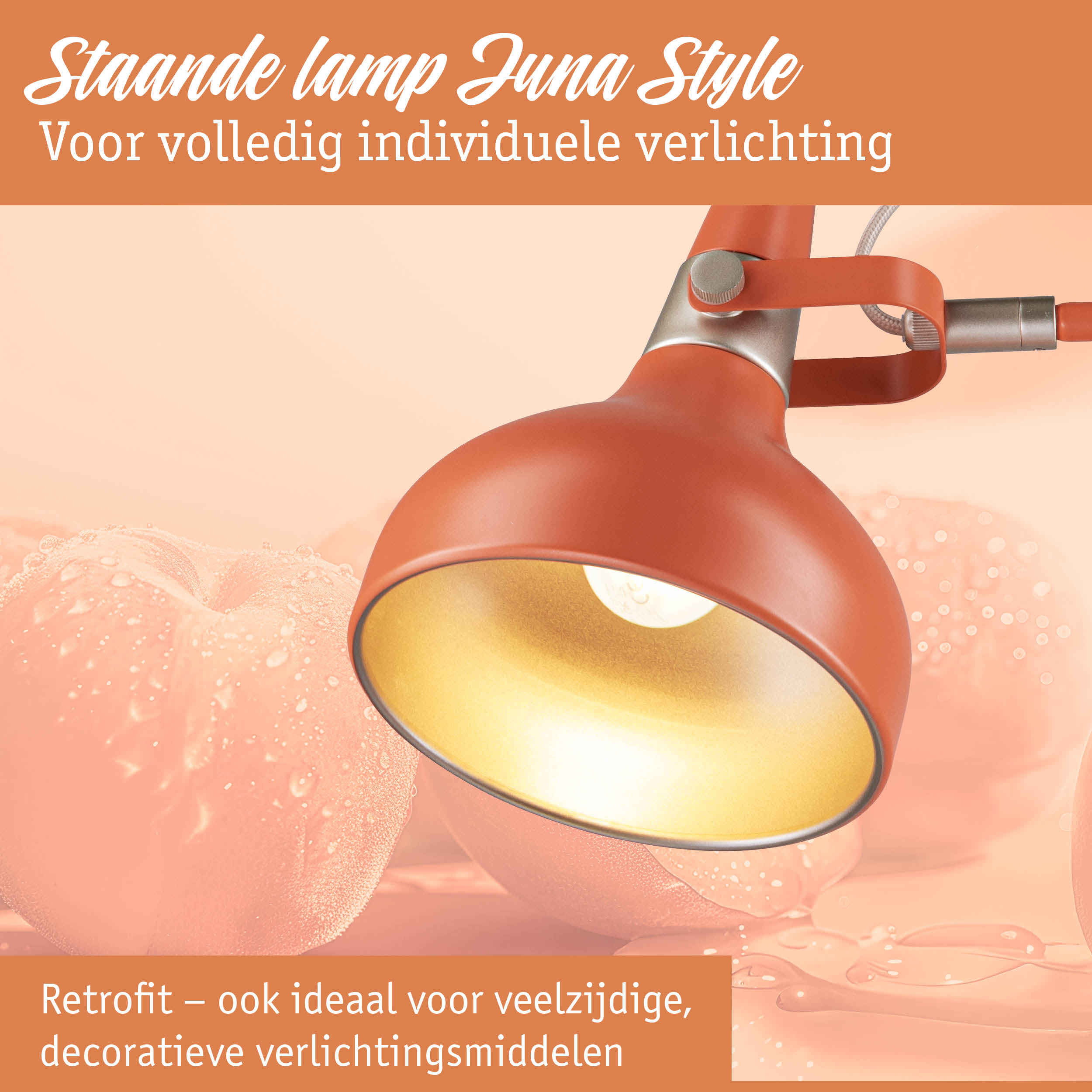 Retro staande lamp Luna Style in mat oranje met gouden binnenkant voor veelzijdige verlichting