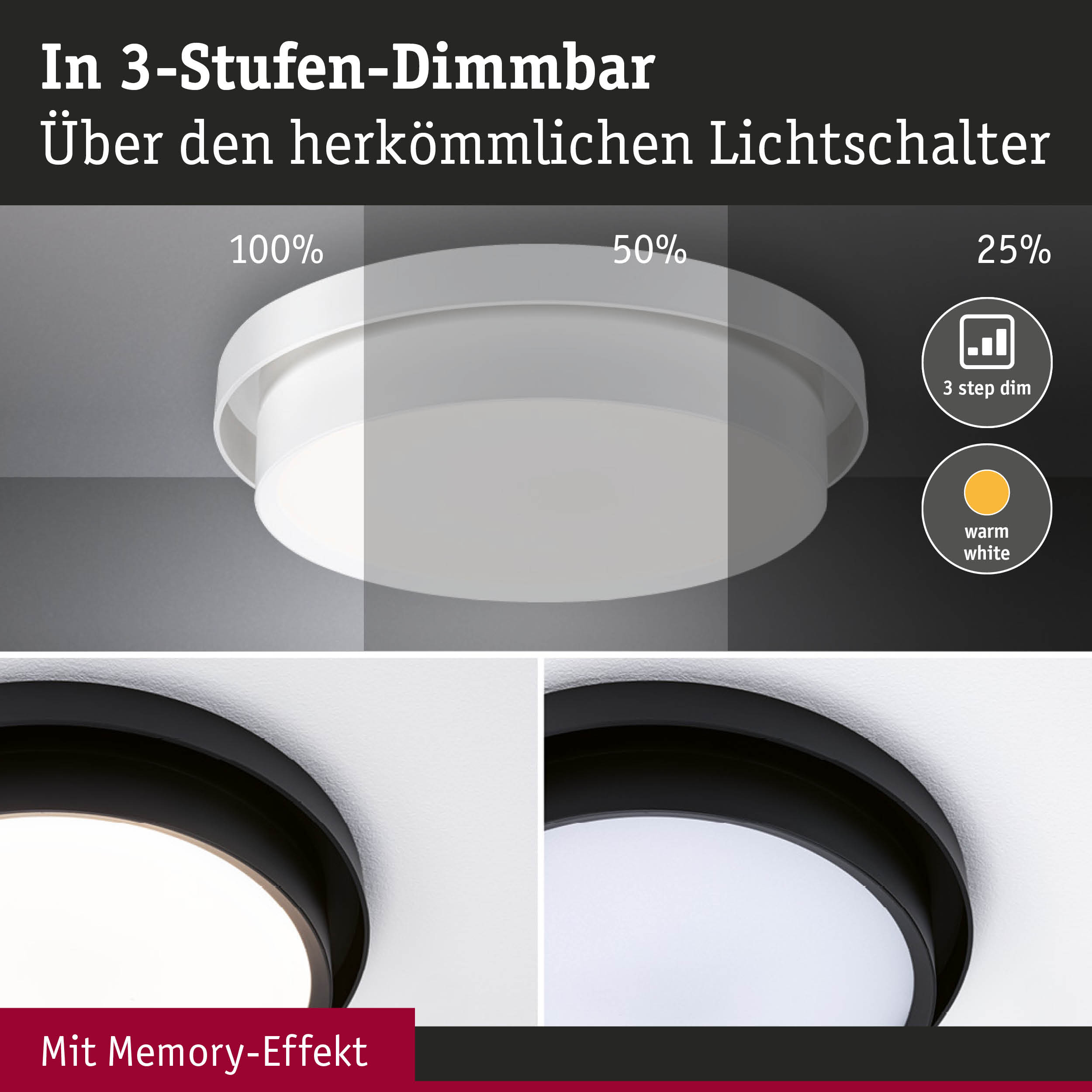 Weiße Deckenleuchte mit 3-Stufen-Dimmfunktion und Memory-Effekt für warmweißes Licht