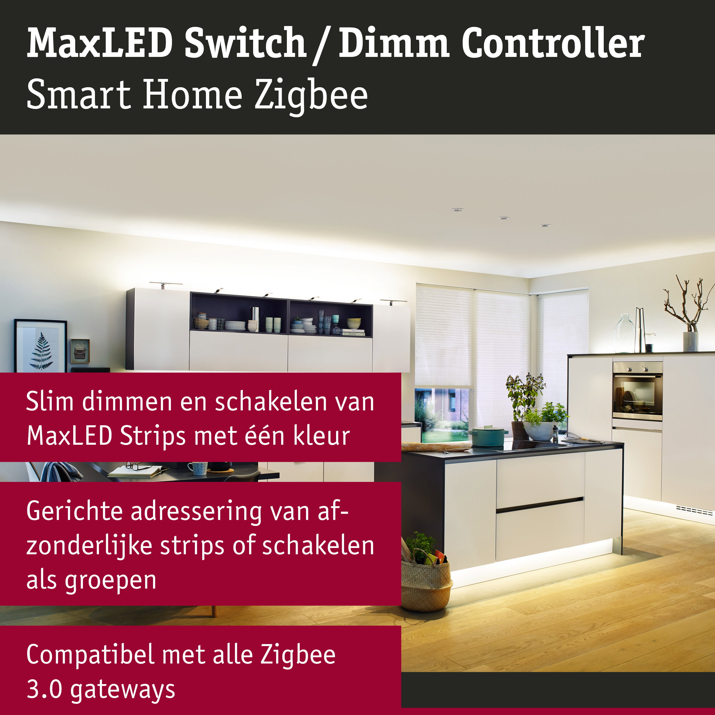 Moderne witte keuken met LED-verlichting en slimme MaxLED Switch Dimm Controller voor Zigbee bediening