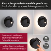 Lampe murale mobile noire Kiora à batterie avec variateur tactile pour lecture et lumière d’ambiance