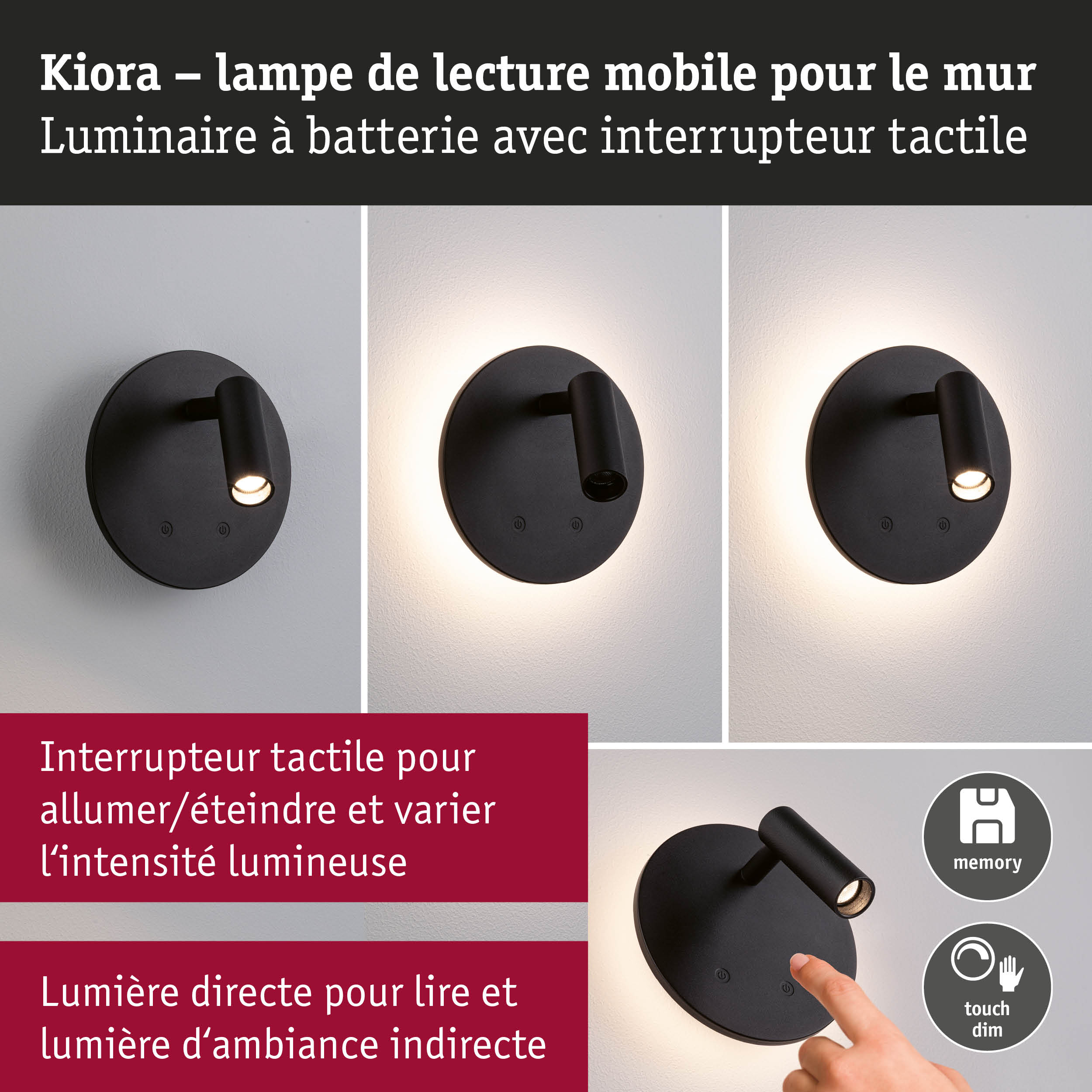 Lampe murale mobile noire Kiora à batterie avec variateur tactile pour lecture et lumière d’ambiance