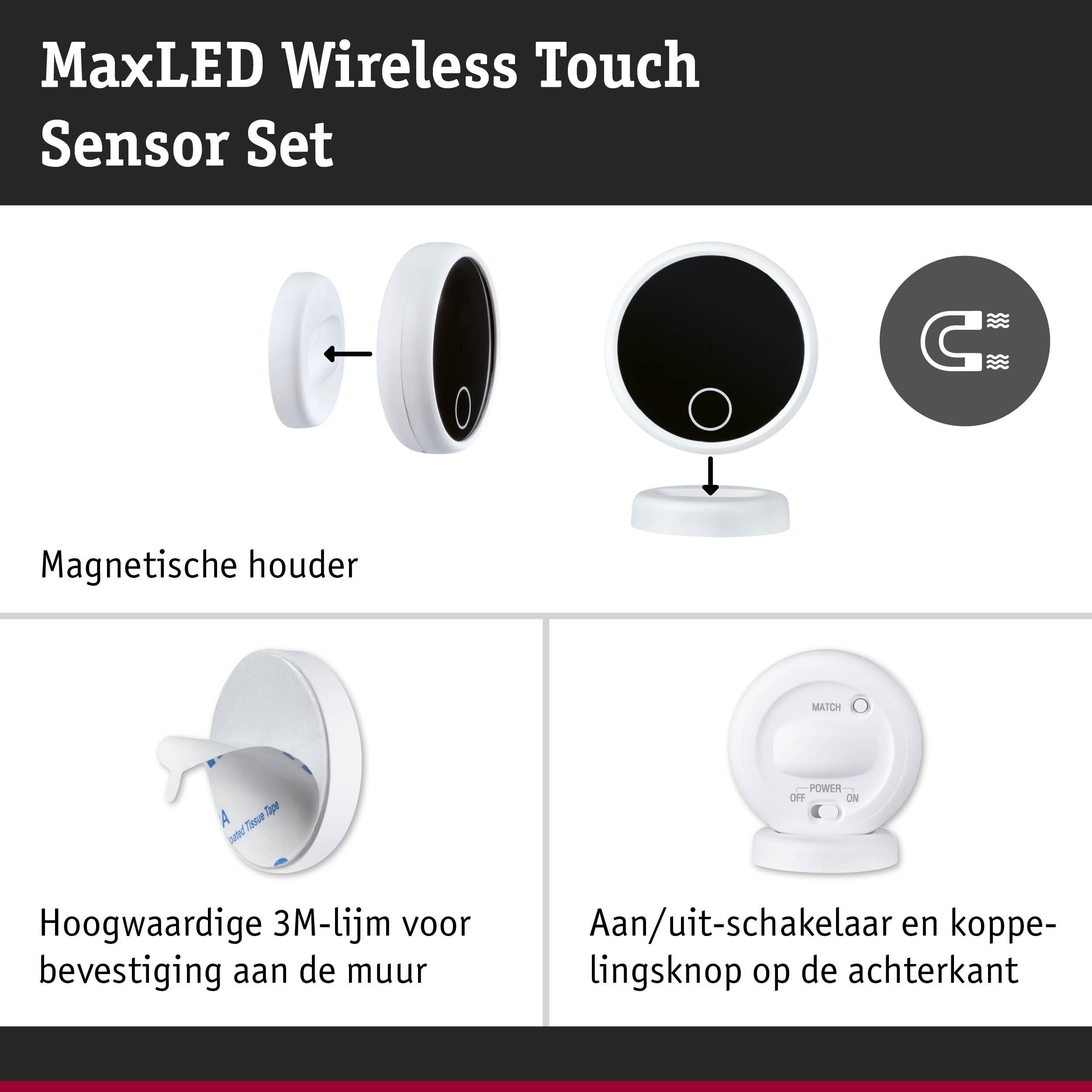 MaxLED draadloze touch sensor set met magnetische houder en 3M-lijm voor wandmontage