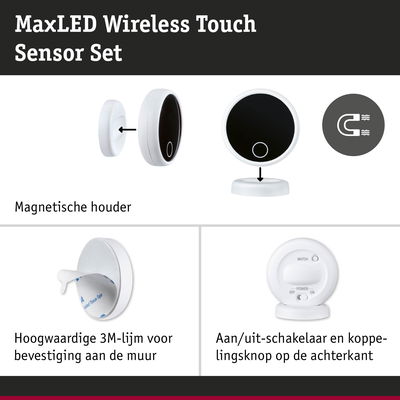 MaxLED draadloze touch sensor set met magnetische houder en 3M-lijm voor wandmontage