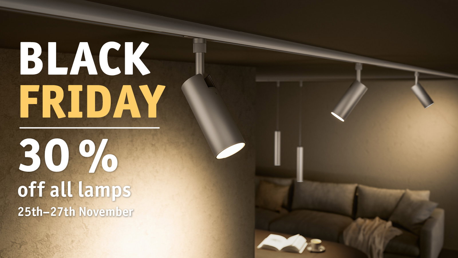Modern silver LED track lights illuminating living room with sofa and book, Black Friday lamp discount
