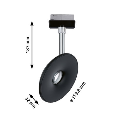 Schwarzer LED-Spot mit runder Leuchte und verchromtem Stab, Maße 183 mm Höhe, 120 mm Durchmesser