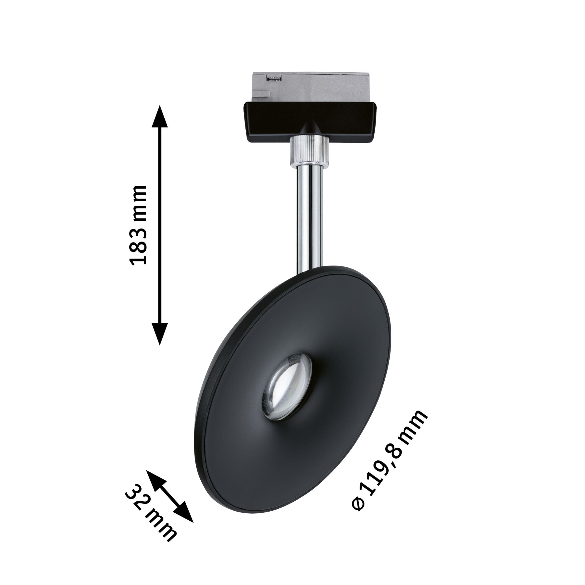 Black round LED ceiling light with chrome rod, dimensions 183 mm height, 119.8 mm diameter