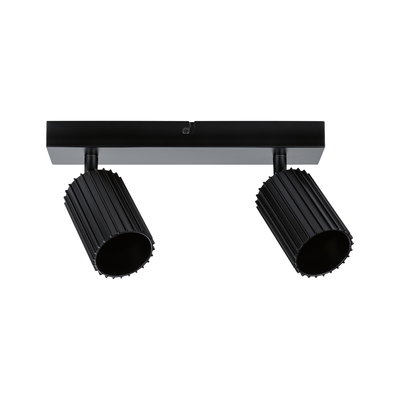Black aluminium ceiling light with two adjustable spotlights for modern interior lighting