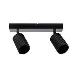 Black aluminium ceiling light with two adjustable spotlights for modern interior lighting