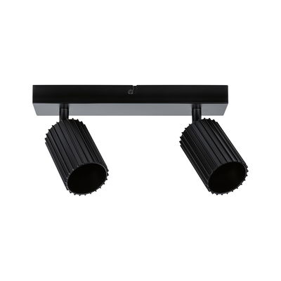 Black aluminium ceiling light with two adjustable spotlights for modern interior lighting