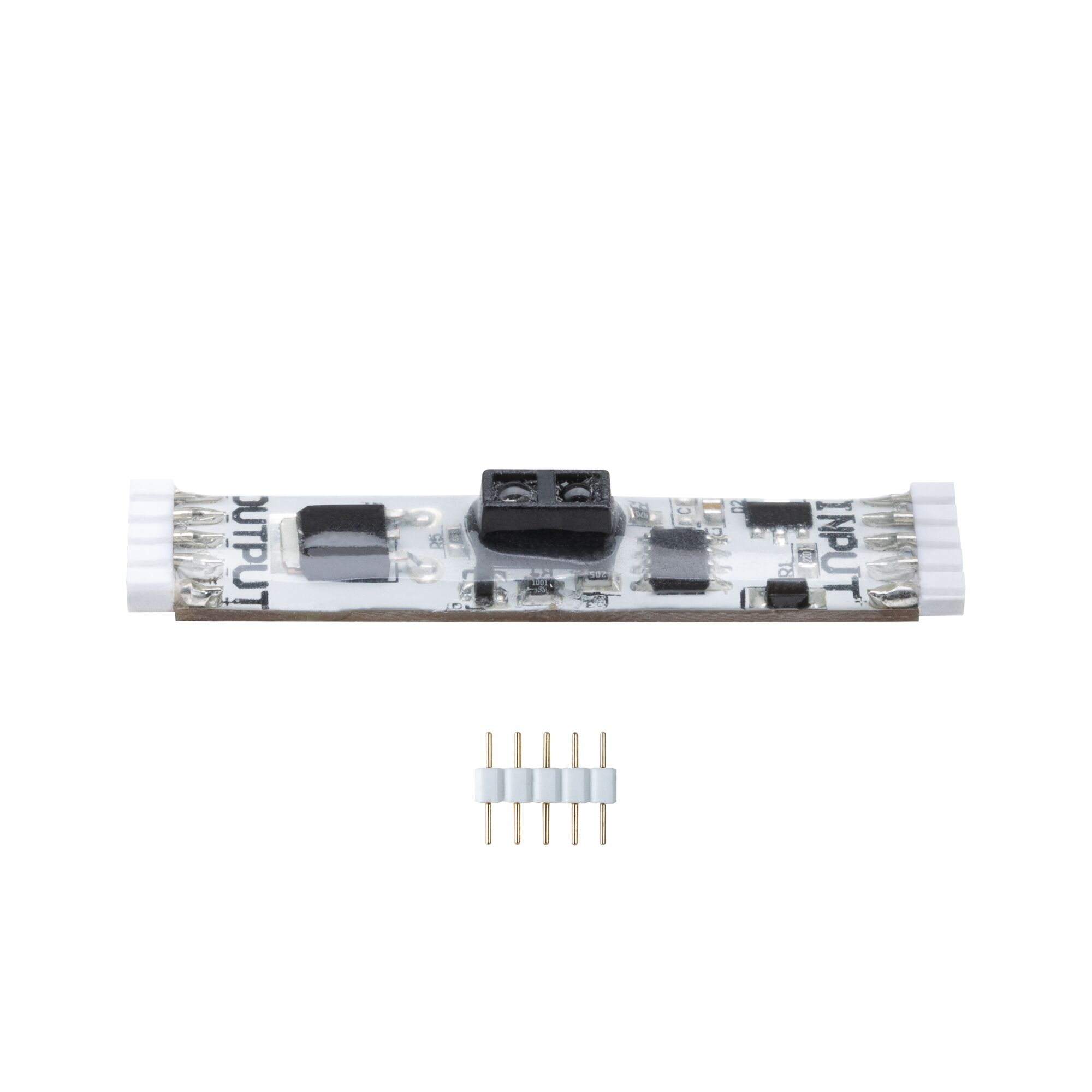 Electronic LED connector board with white plugs and five gold pins for lighting technology