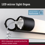 Black LED mirror light Orgon with integrated covered protective socket outlet for bathroom lighting