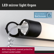 Black LED mirror light Orgon with integrated covered protective socket outlet for bathroom use