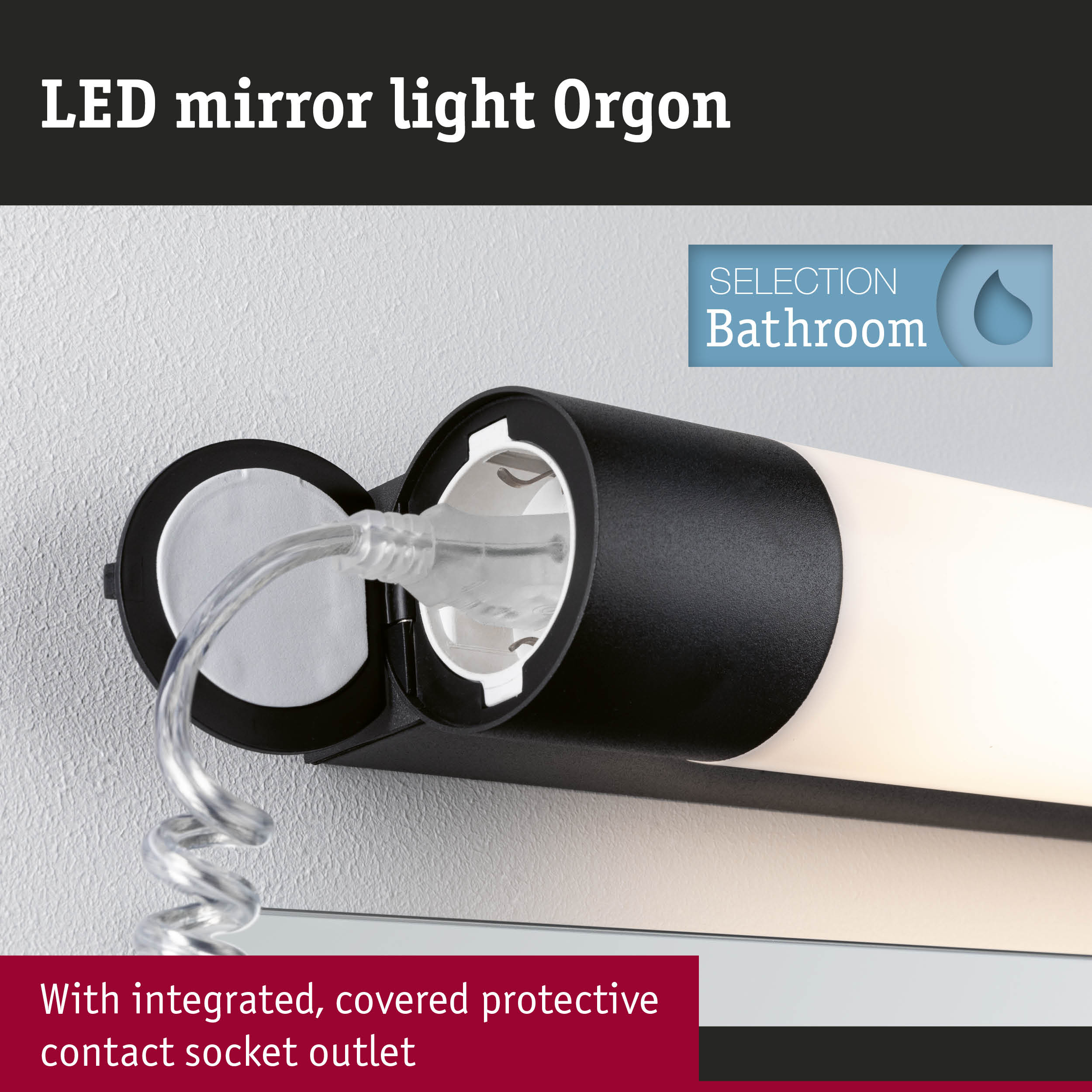 Black LED mirror light Orgon with integrated covered protective socket outlet for bathroom use
