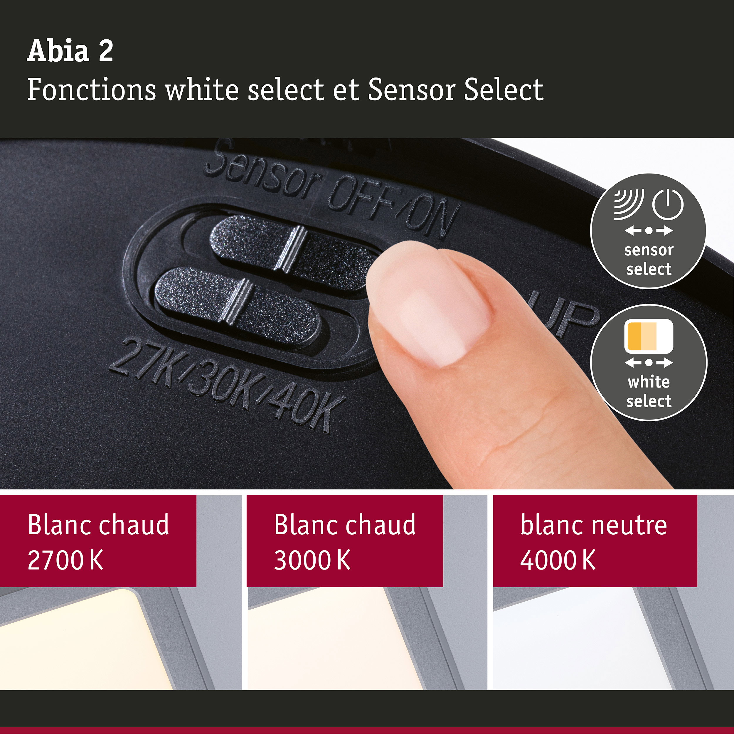 Panneau LED Abia 2 White Select Détecteur de mouvement crépusculaire (HF) carré 400x400mm 16W 1400lm White Select Chrome mat