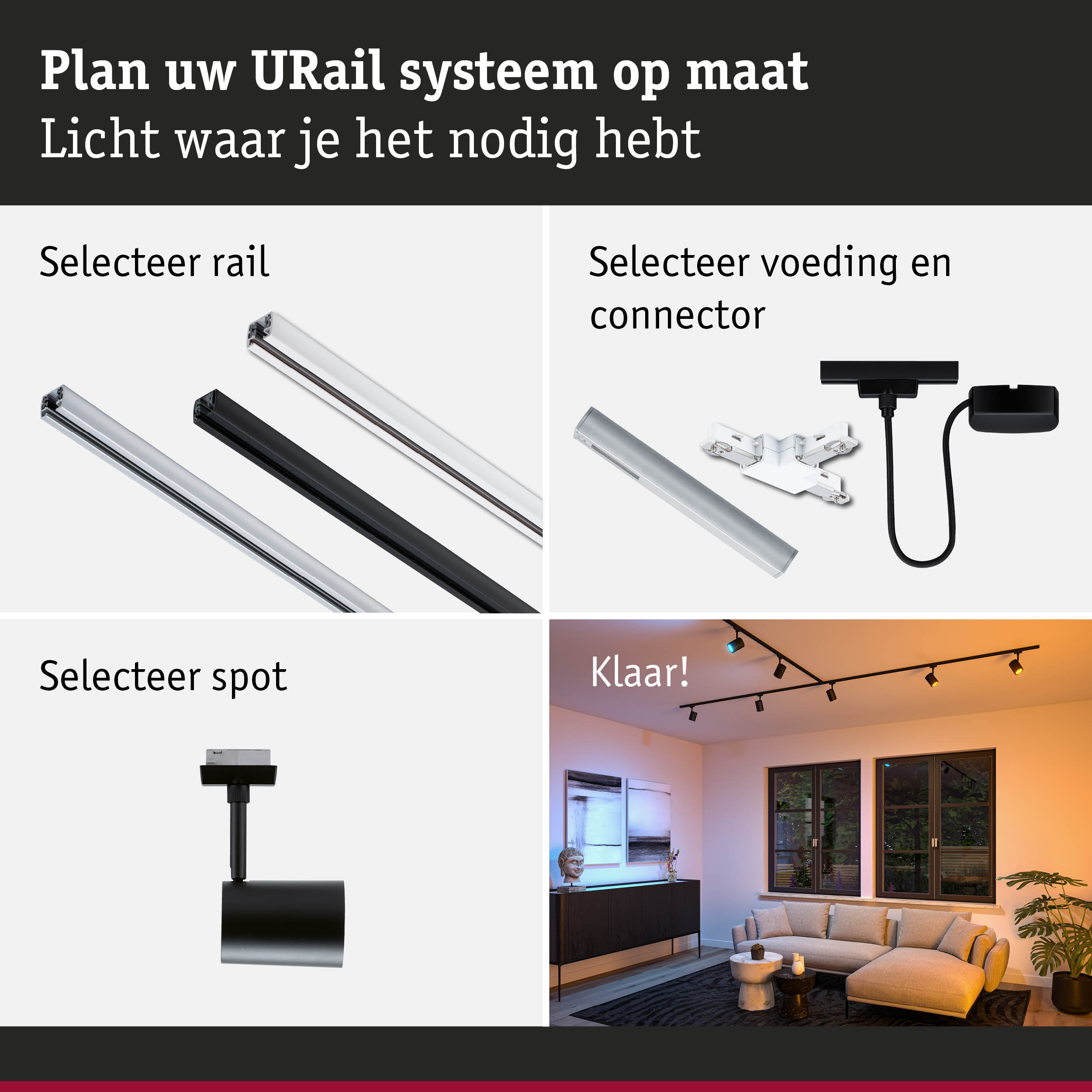 Modulair URail railsysteem met aluminium rails in zwart en wit plus accessoires voor LED-spots