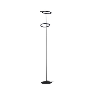 Black LED floor lamp with two round metal light rings for modern living room lighting