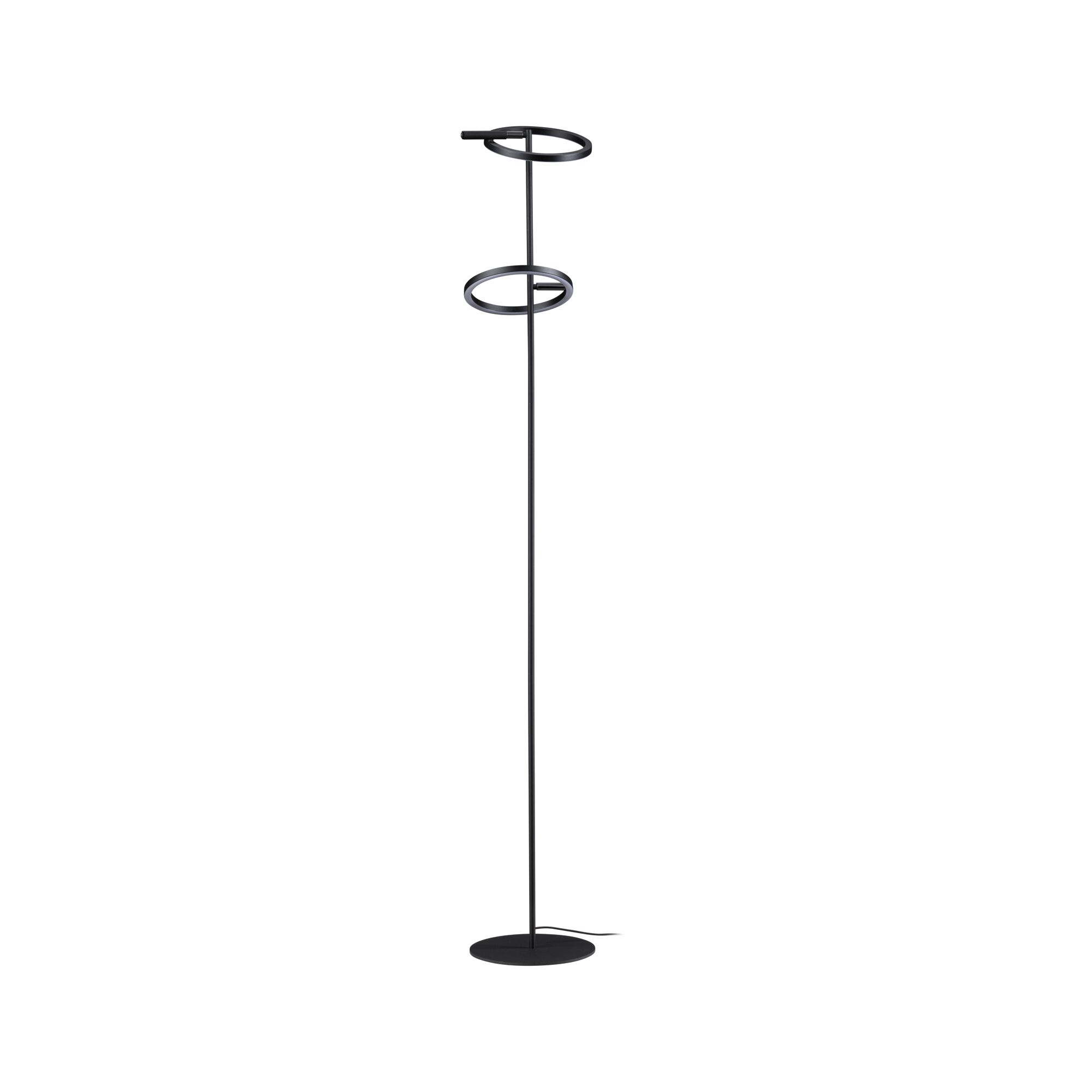 Sort LED-gulvlampe med to runde metallysring til moderne belysning i stuen