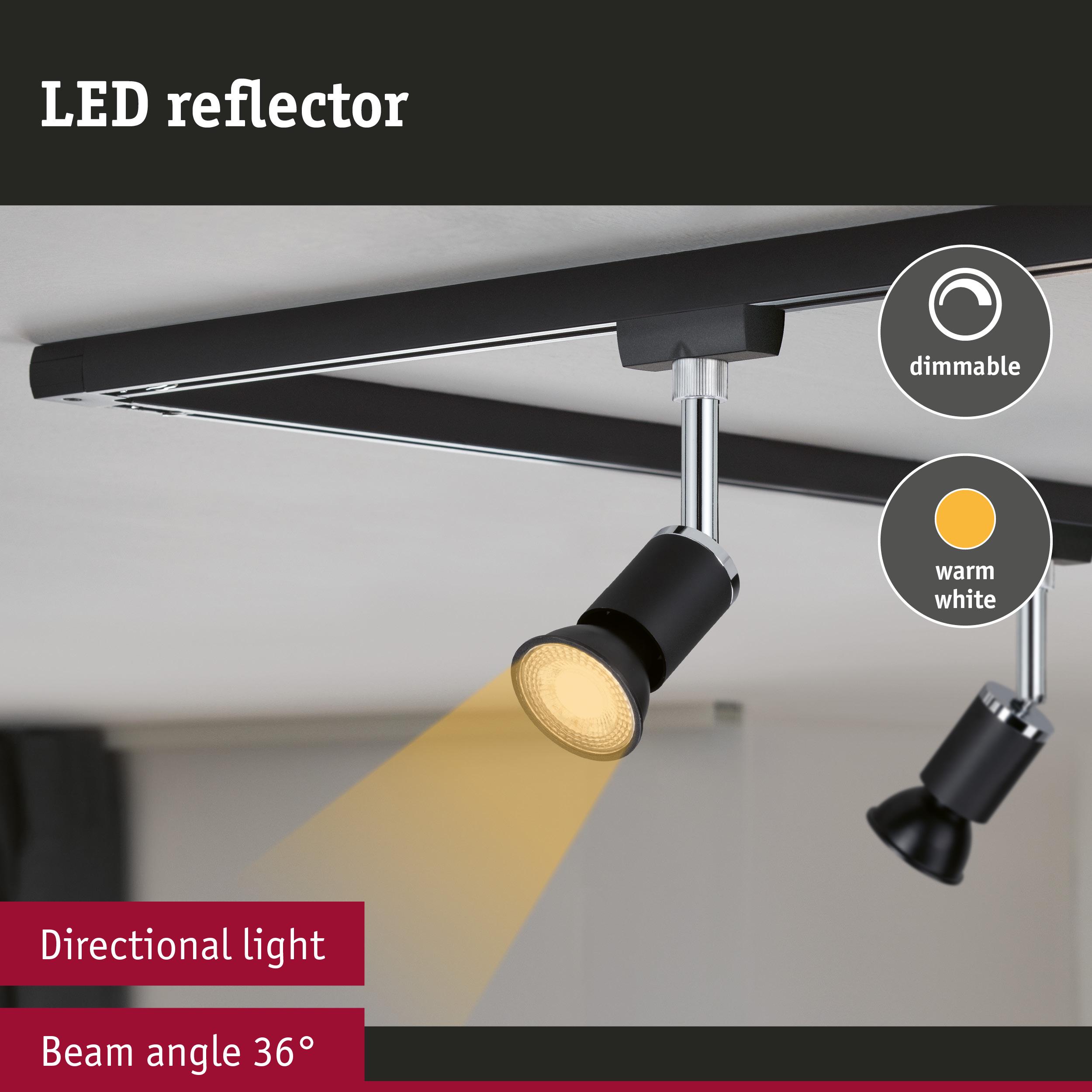 Black LED reflector with dimmable warm white light and 36° beam angle mounted on ceiling track