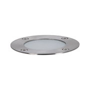 Round recessed LED light with brushed stainless steel frame and frosted glass cover for outdoor lighting