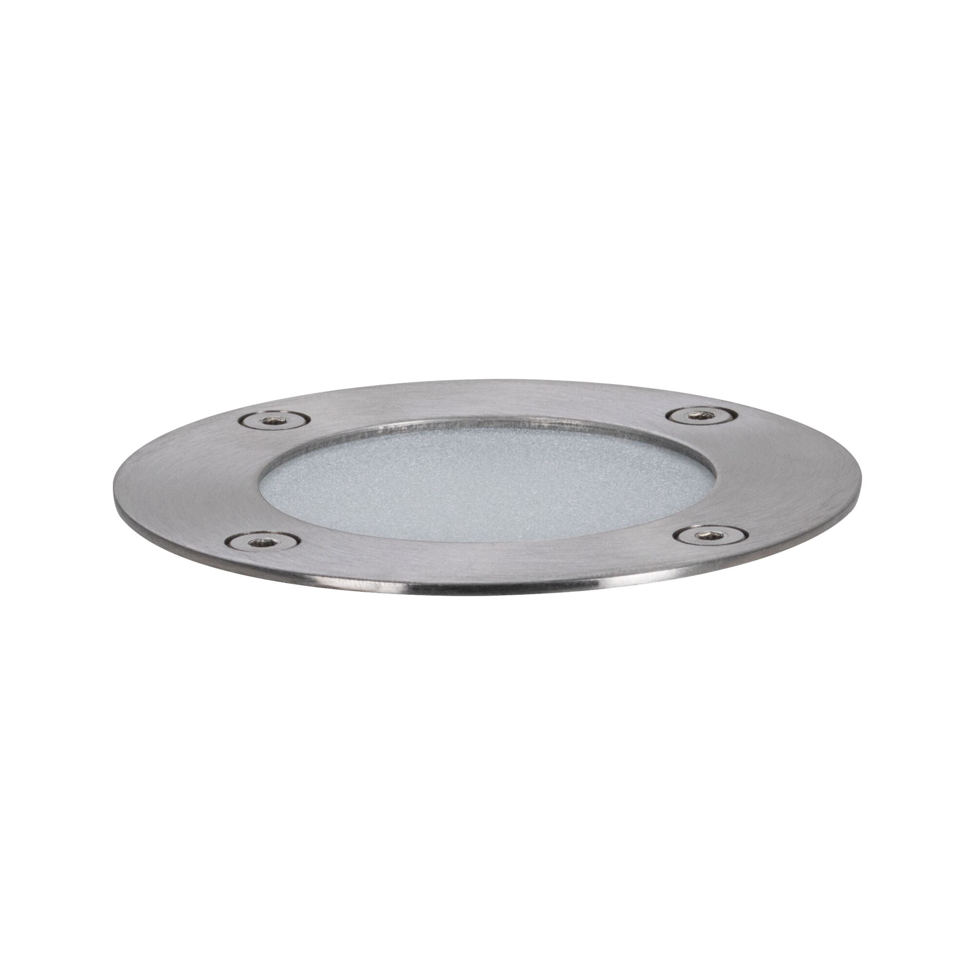 Round recessed LED light with brushed stainless steel frame and frosted glass cover for outdoor lighting