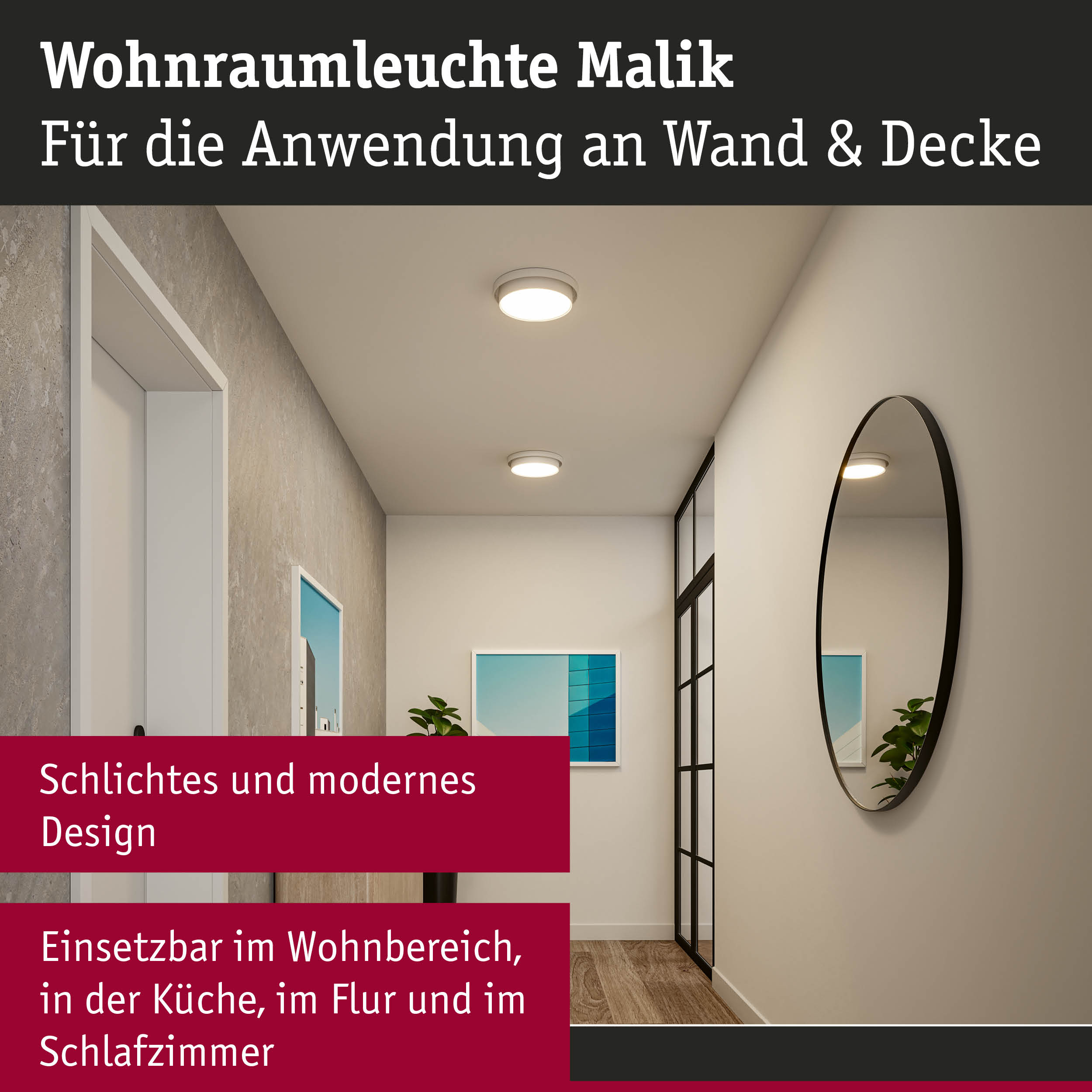 Weiße Wohnraumleuchte Malik mit schlichtem Design an Decke im Flur mit Spiegel und Holzfußboden