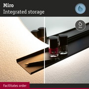 Black Miro shelf with integrated storage and IP44 protection, perfect for nail polish and cosmetics.