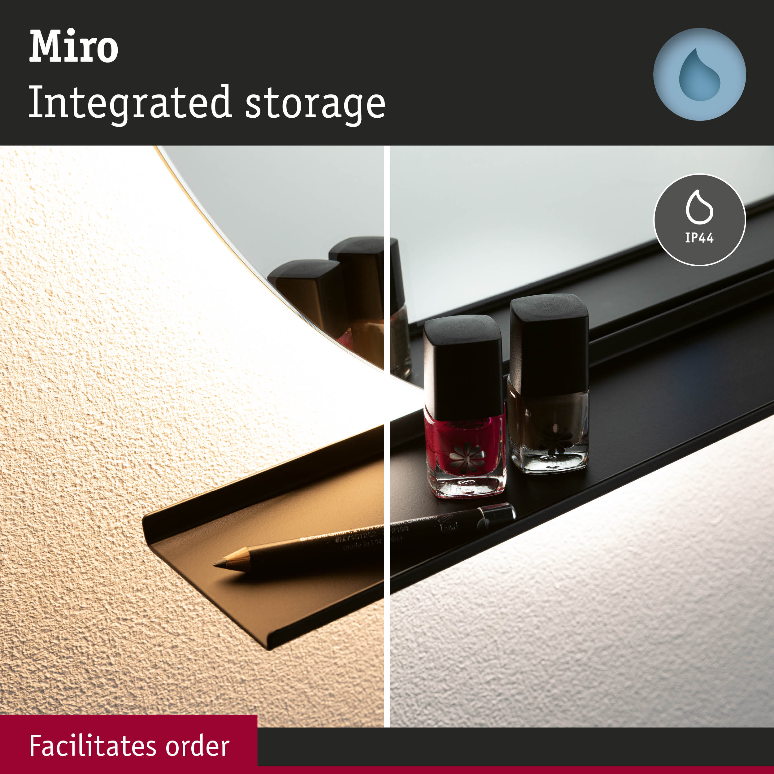 Black Miro shelf with integrated storage and IP44 protection, perfect for nail polish and cosmetics.