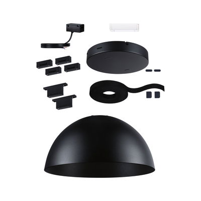 Schwarzes Metall-Lampenschirm-Set mit Montagezubehör für moderne LED-Deckenleuchten.