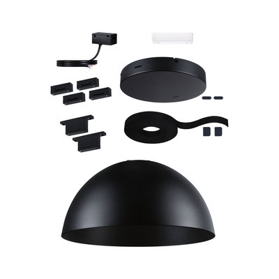 Schwarzes Metall-Lampenschirm-Set mit Montagezubehör für moderne LED-Deckenleuchten.