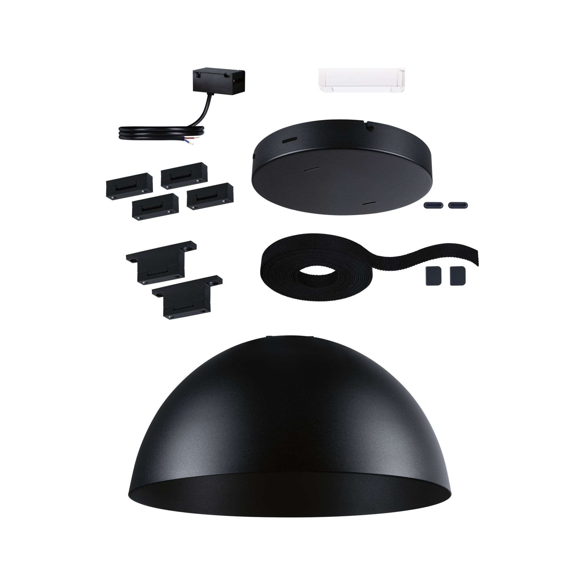 Schwarzes Metall-Lampenschirm-Set mit Montagezubehör für moderne LED-Deckenleuchten.