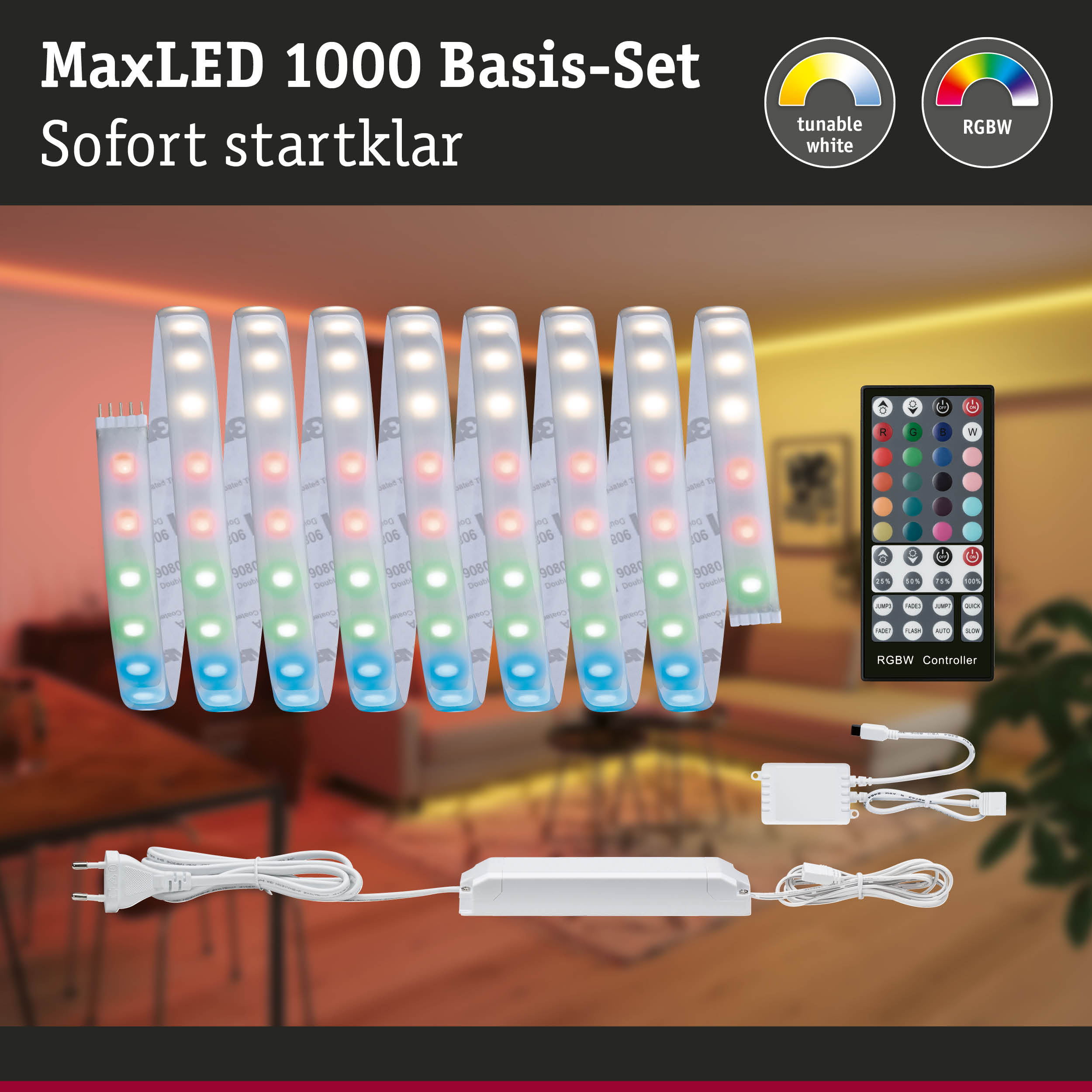 MaxLED 1000 Basis-Set mit RGBW LED-Streifen, Fernbedienung und Netzteil für farbige Lichtakzente