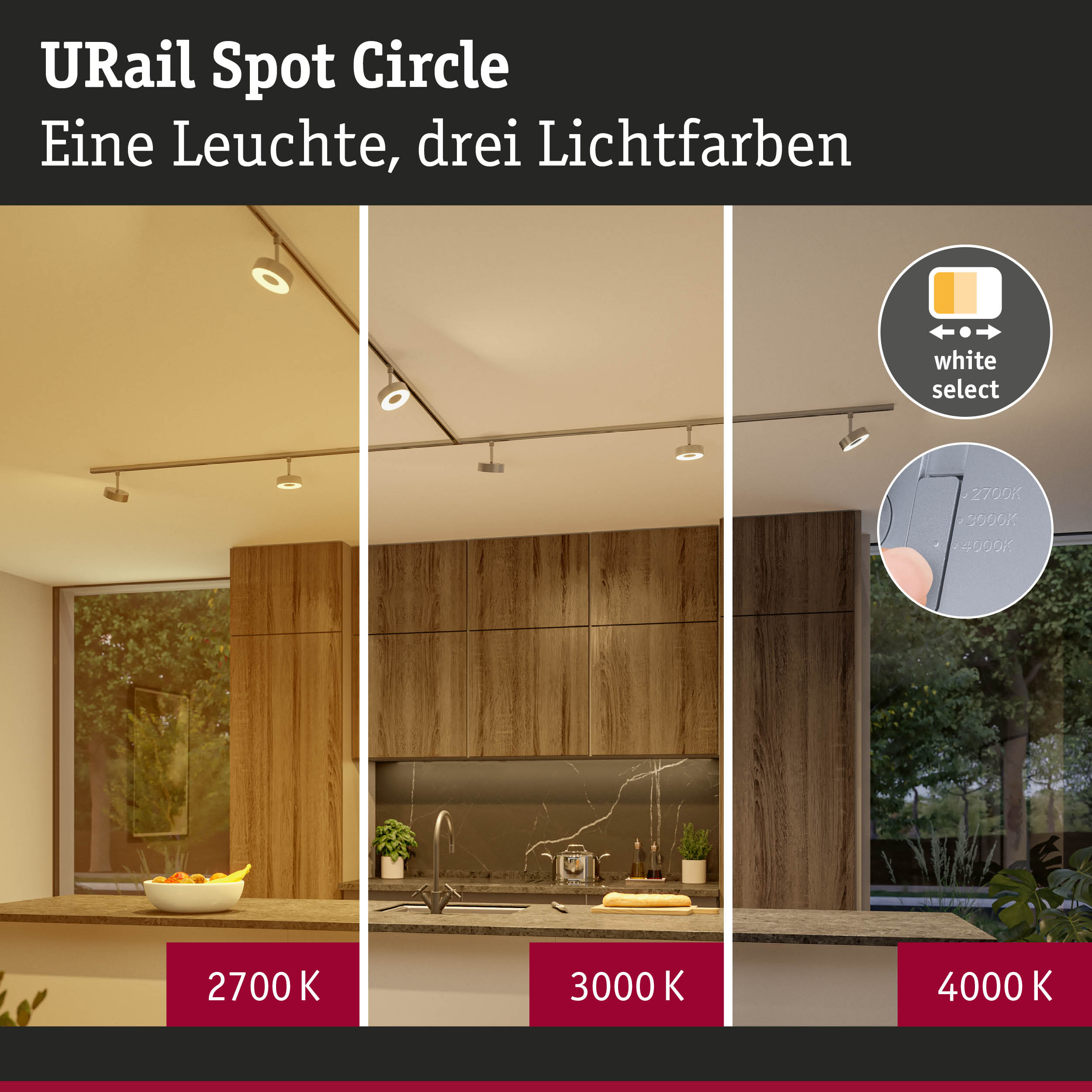 URail Spot Circle LED-Schienenleuchte in Weiß mit drei Lichtfarben 2700K, 3000K, 4000K für Küche