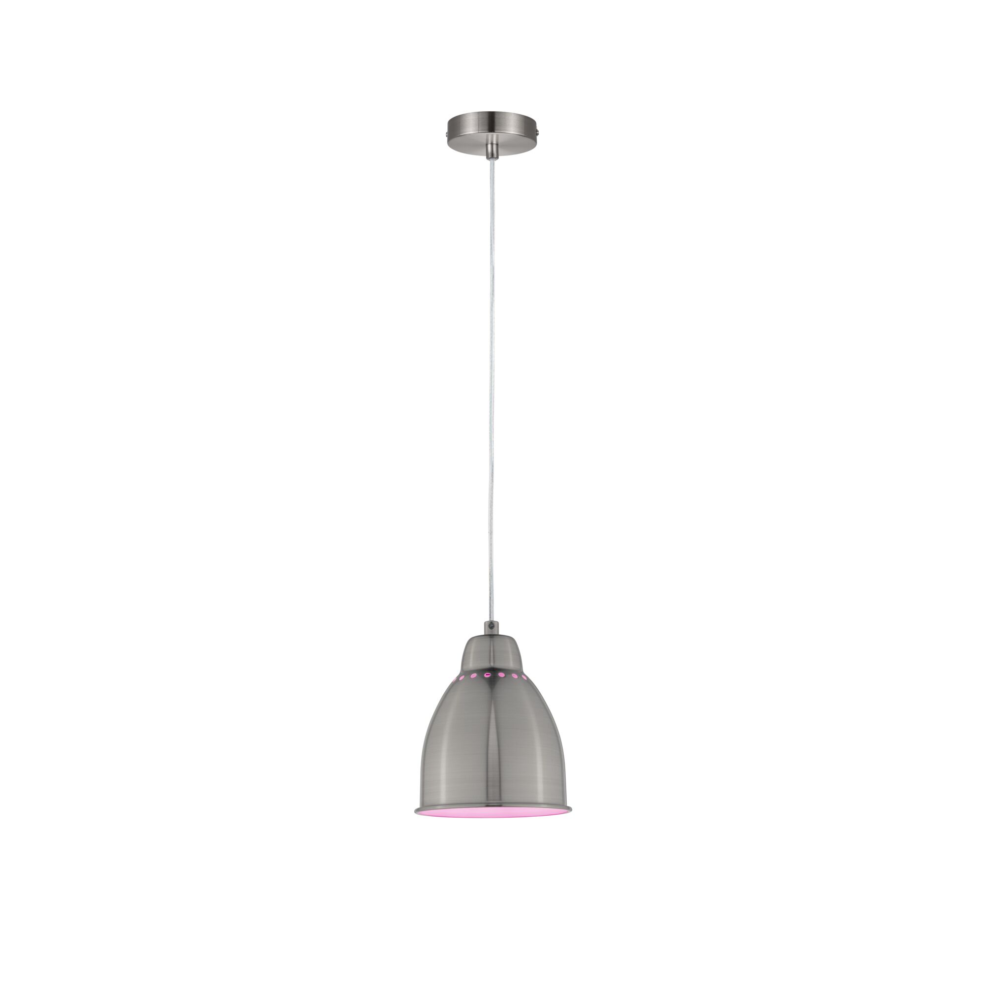 Moderne Pendelleuchte aus gebürstetem Metall mit rosa Lichtakzent und weißem Kabel