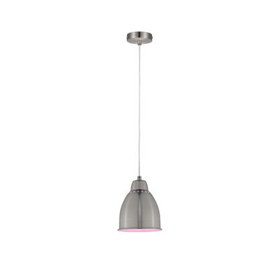 Moderne Pendelleuchte aus gebürstetem Metall mit rosa Lichtakzent und weißem Kabel