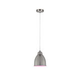 Moderne hanglamp van geborsteld metaal met roze lichtaccent en witte kabel