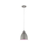 Moderne Pendelleuchte aus gebürstetem Metall mit rosa Lichtakzent und weißem Kabel