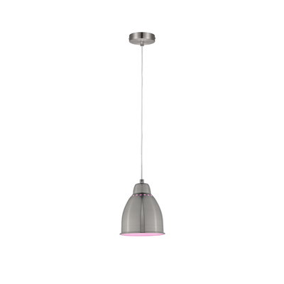 Moderne Pendelleuchte aus gebürstetem Metall mit rosa Lichtakzent und weißem Kabel