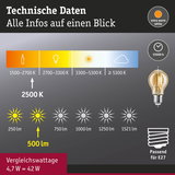 Technische Daten LED-Lampe extra warmweiß 2500K, 500 Lumen, 4,7W entspricht 42W, E27 Sockel, 15000h Lebensdauer