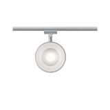 Runder LED-Spot aus silbernem Metall an Schienensystem für moderne Innenbeleuchtung