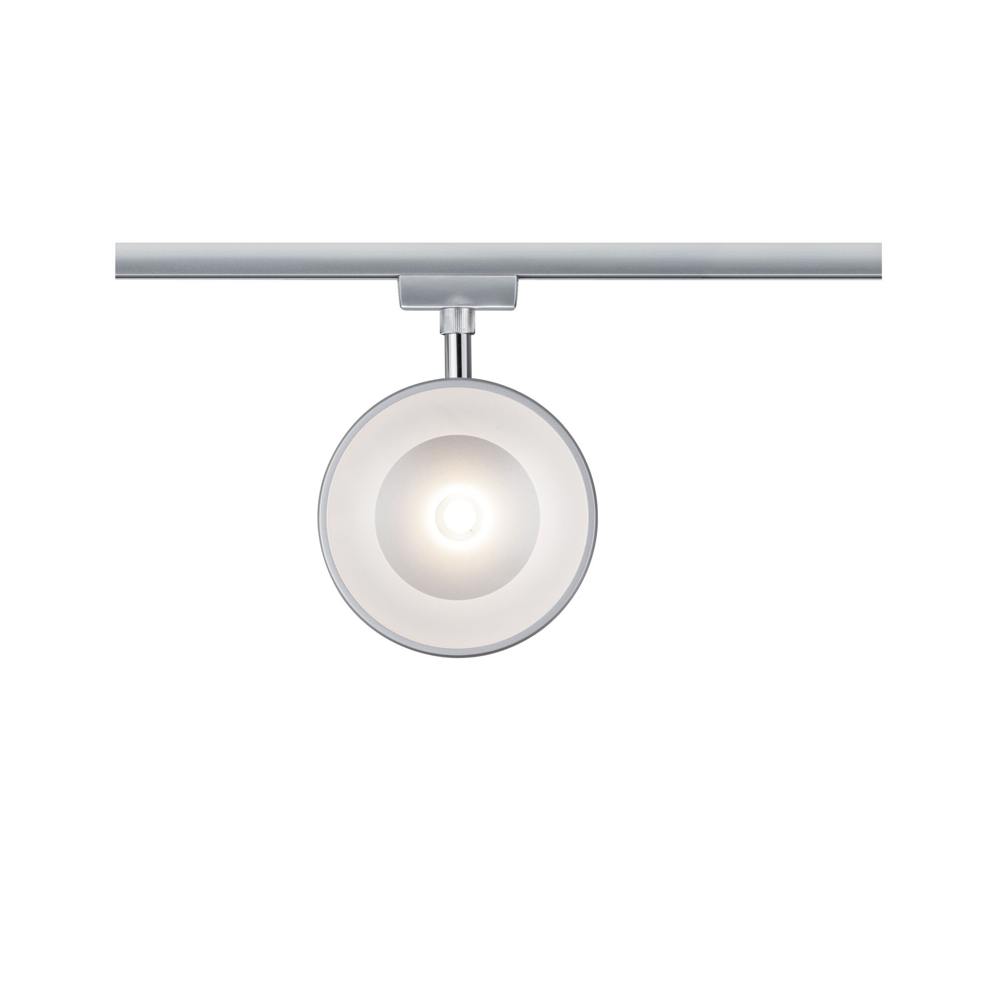 Runder LED-Spot aus silbernem Metall an Schienensystem für moderne Innenbeleuchtung