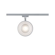 Runder LED-Spot aus silbernem Metall an Schienensystem für moderne Innenbeleuchtung