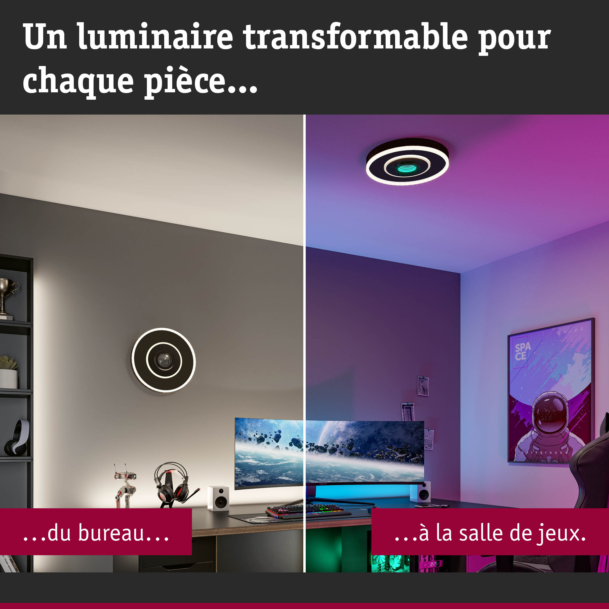 Luminaire LED noir avec anneaux lumineux circulaires, transformable pour bureau et salle de jeux