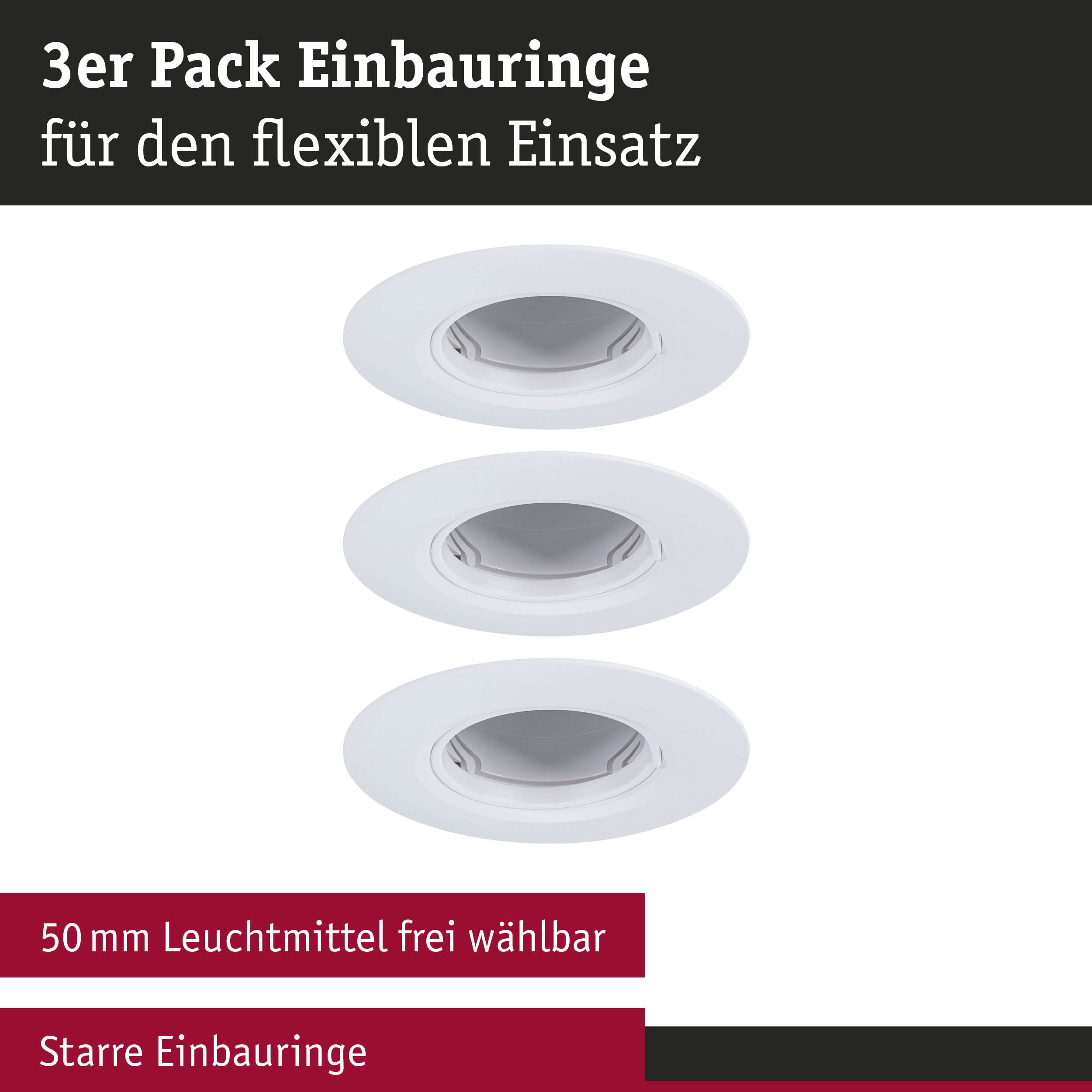 3er Pack weiße Einbauringe aus Kunststoff für flexible Beleuchtung und 50 mm Leuchtmittel