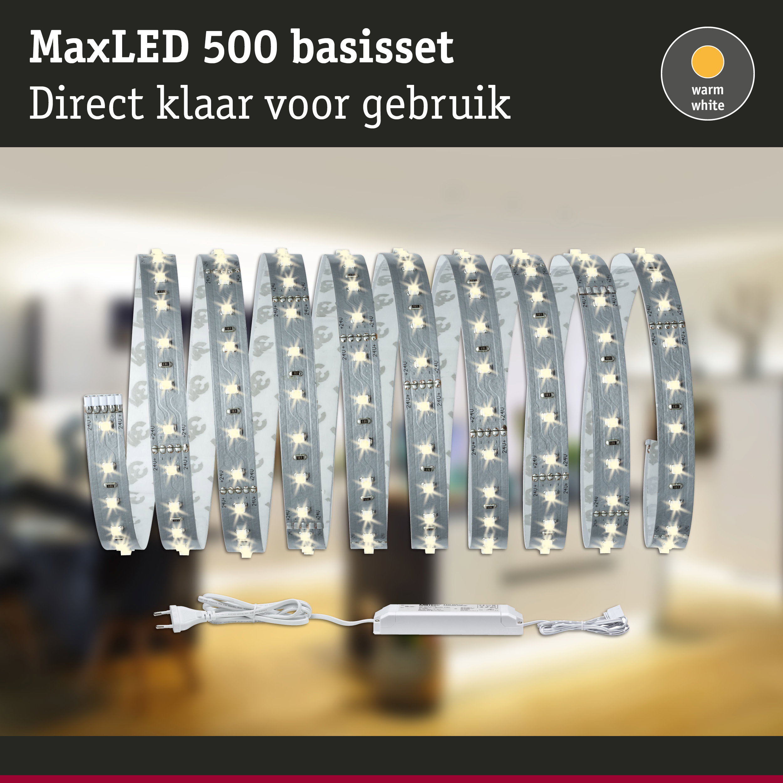 MaxLED 500 LED-stripset met warmwit licht en voeding voor eenvoudige installatie en verlichting