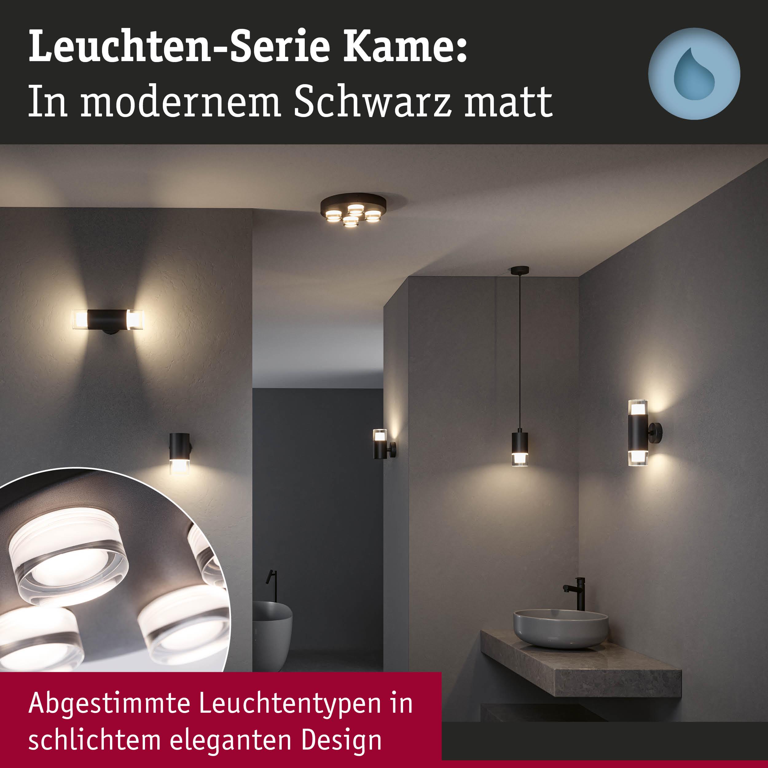 Leuchten-Serie Kame in mattem Schwarz mit verschiedenen Wand- und Deckenlampen für modernes Badlicht